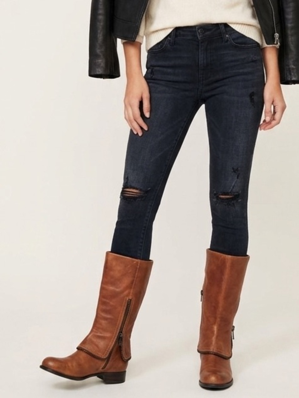 BCBG Brown Leather Boots Zipper Accent Biker Moto Fold Over Flap Size 7.5